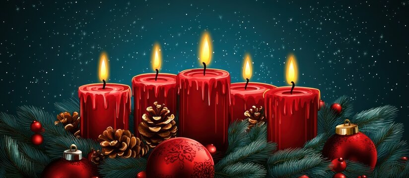 A festive digital illustration of five burning red Advent candles, decorated with evergreen sprigs, pinecones, and baubles on a snowy winter night