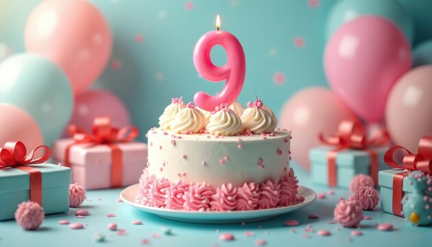 Festive birthday cake with pink number 9 candle, surrounded by pastel balloons and gift boxes. This delightful dessert features white frosting with pink decorations, perfect for childs celebration.