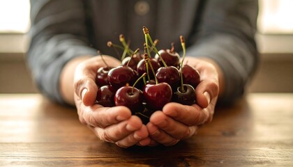 Fresh cherries held in hands