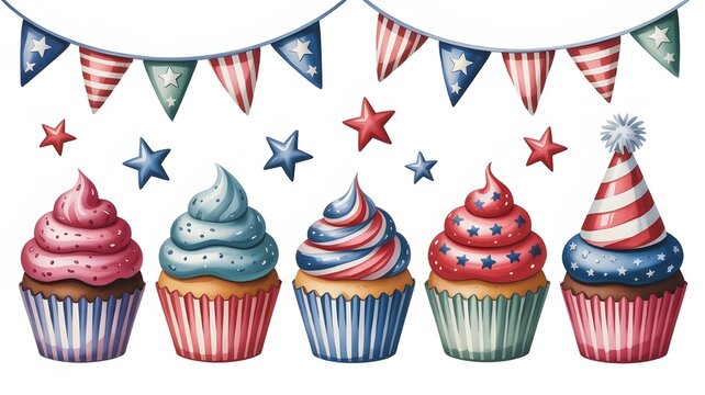 A collection of festive cupcakes decorated with red, white, and blue frosting, stars, and a party hat, with patriotic bunting