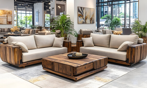 Modern wooden sofa set beige cushions interior design