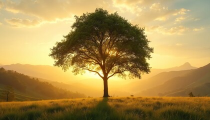Fototapeta premium Majestic solitary tree stands in golden sunrise light atop grassy hill. Sunbeams pierce through branches, illuminating rolling hills, distant mountains. Serene rural landscape evokes peace, natural