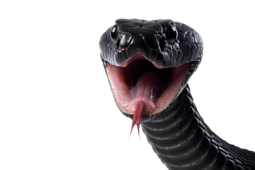 black snake with an open mouth and tongue sticking out, against