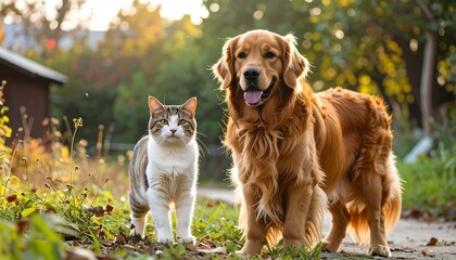 Golden retriever and tabby cat outdoors