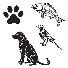 Fototapeta premium Illustration of a dog, bird, fish skeleton, and paw print in black and white vector format drawing created with generated ai