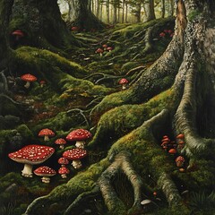 Fantasy forest landscape with magical mushrooms high resolution picture