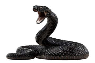 black snake with open mouth and full body on a transparent background, png file with white borders around it.