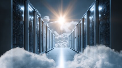 Seamless cloud computing network with bright server racks for modern data solutions and digital transformation in the information age
