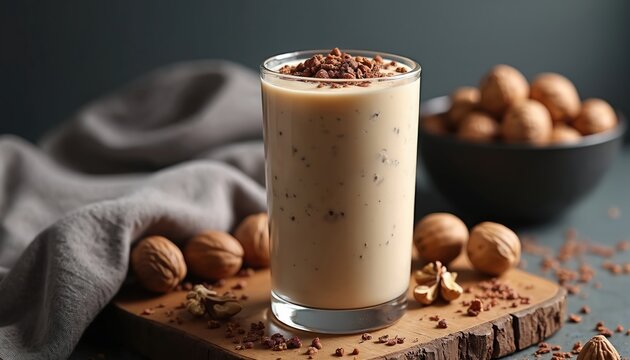 Creamy nut smoothie in glass topped with chocolate crumbles. Features walnuts, macadamia nuts, and cocoa. Perfect for breakfast or snack, promoting healthy diet and weight loss.