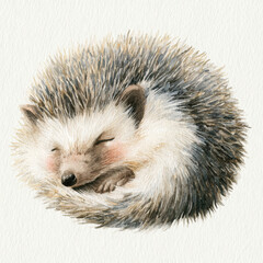 Fototapeta premium Watercolor hedgehog curled up with soft grey brown shades and blush cheeks on clean white background in gentle illustration style