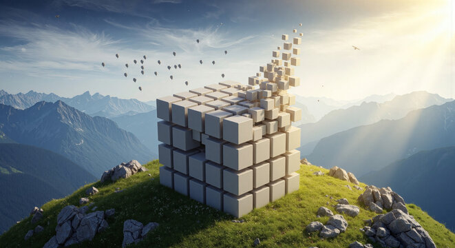 Digital cube dissolving over serene mountain landscape