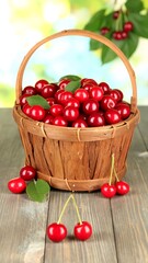 Fresh cherries in a wooden basket