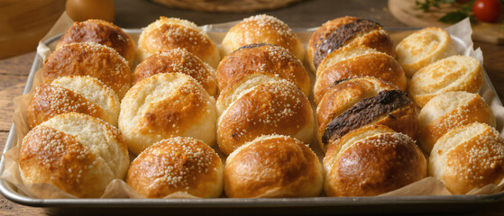 Variety of Bread Rolls Arranged on Tray