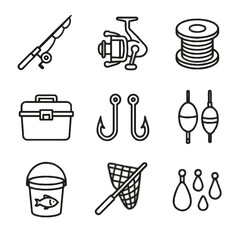 Bucket icon gear icons bait spinning fishing tackle bobbers vector reel net