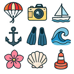 Beach wave icon vector diving icons anchor parasailing camera parachute clam sea