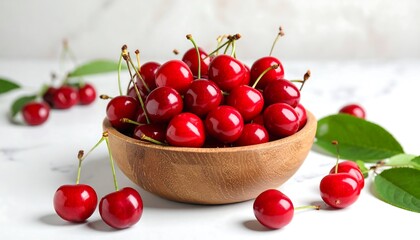 Fresh cherries in a wooden bowl on a marble surface
