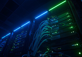 High-Tech Data Center Servers with Blue and Green Lights