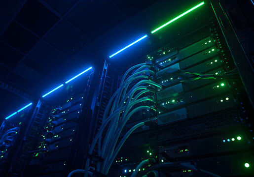 High-Tech Data Center Servers with Blue and Green Lights