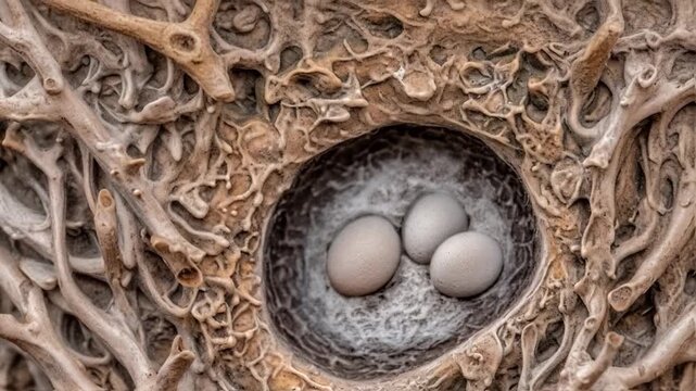 Close-up of a bird nest with delicate eggs in a natural setting.