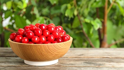 Fresh cherries in wooden bowl, garden background