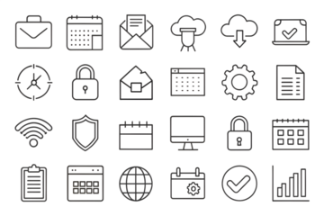 A set of line art icons for business and technology, featuring elements like briefcase, calendar, cloud, lock, wifi, and charts, isolated on a transparent background