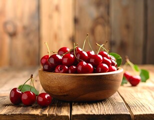 Fresh cherries in a wooden bowl