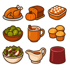 Gravy roasted icon muffins sprouts turkey golden vector thanksgiving feast icons pumpkin