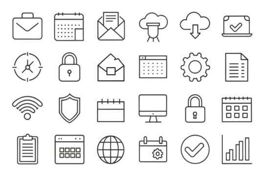 A set of line art icons for business and technology, featuring elements like briefcase, calendar, cloud, lock, wifi, and charts, isolated on a transparent background