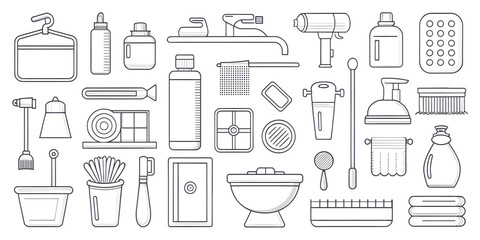 A collection of bathroom and hygiene items, including a toothbrush, soap dispenser, faucet, towels, and cleaning supplies, all isolated on a transparent background