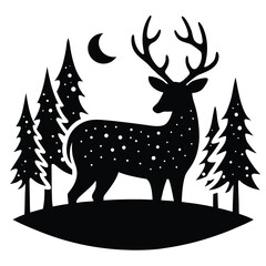 Black Silhouette of a Deer with Spots and Antlers in a Forest with a Crescent Moon and Stars stag buck