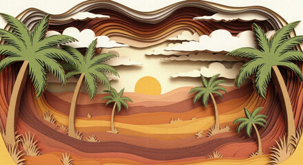 Paper Palm Trees with Orange Sunset and Fluffy Clouds in Artistic Landscape