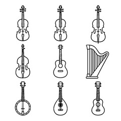 Vector violin mandolin double cello instruments bass ukulele string icons icon acoustic