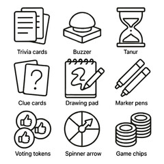 Icons buzzer tokens pad icon cards pens game party arrow vector trivia