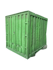 Green metal storage container with vertical panels is isolated.