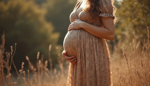 Pregnant woman gently touches belly, standing in sunlit field of dry grass. Dress subtle floral pattern. Image 1990s vintage photograph aesthetic, evoking anticipation, maternal connection.