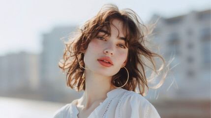Fototapeta premium Woman in White Blouse Outdoors – Windy Day Fashion and Lifestyle Portrait