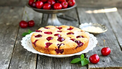 Fresh cherry pie on rustic wooden table