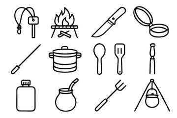 Icon spatula cooking survival wooden cup firestarter icons water foldable pot vector