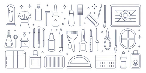  Collection of cosmetic and beauty products in a flat design line art illustration, isolated on transparent background