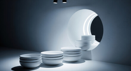 Minimalist White Podiums Displaying Circular Portal, Modern Product Showcase