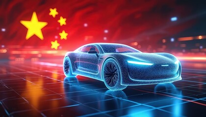Futuristic electric car against China flag. Modern automotive design, technology. Symbol of industry growth innovation. Represents China automotive future, transport, mobility, speed, sustainable