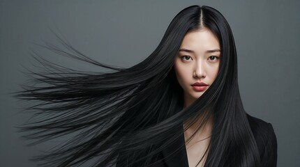 Beautiful asian woman with long straight black hair flying in the air. Haircare and beauty concept for health and cosmetic product.
