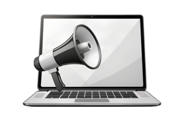 A modern laptop computer displaying a megaphone on its screen, symbolizing digital marketing, online advertising, and broadcasting messages through technology isolated on transparent background