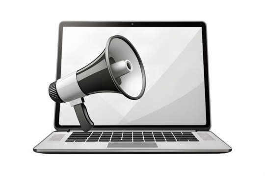 A modern laptop computer displaying a megaphone on its screen, symbolizing digital marketing, online advertising, and broadcasting messages through technology isolated on transparent background