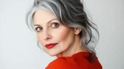 This is a portrait of an older woman wearing red lipstick. Her expression is thoughtful and she has gray hair, which lends a vintage feel to the .