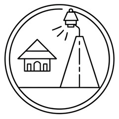 Circular Outline Icon of a Street Scene with a House and Lamppost vector illustration
