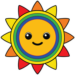 Cute cartoon sun with smiling face and colorful rays happy