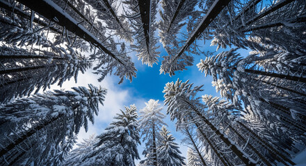 Obraz premium Snow blankets the ground and pine trees as they stretch upwards, creating a stunning view from below. The clear blue sky peeks through the tree branches, enhancing the serene atmosphere.