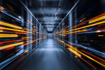 Data Stream in Server Room: Vibrant streaks of light representing data flow, srge through a modern serve room, highlighting the poer and speed of digital tehnology.