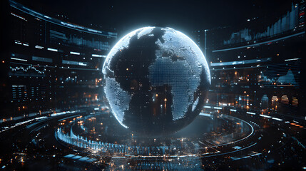A digital representation of the Earth surrounded by dta visuals and graphs in afuturistic financial settig at night